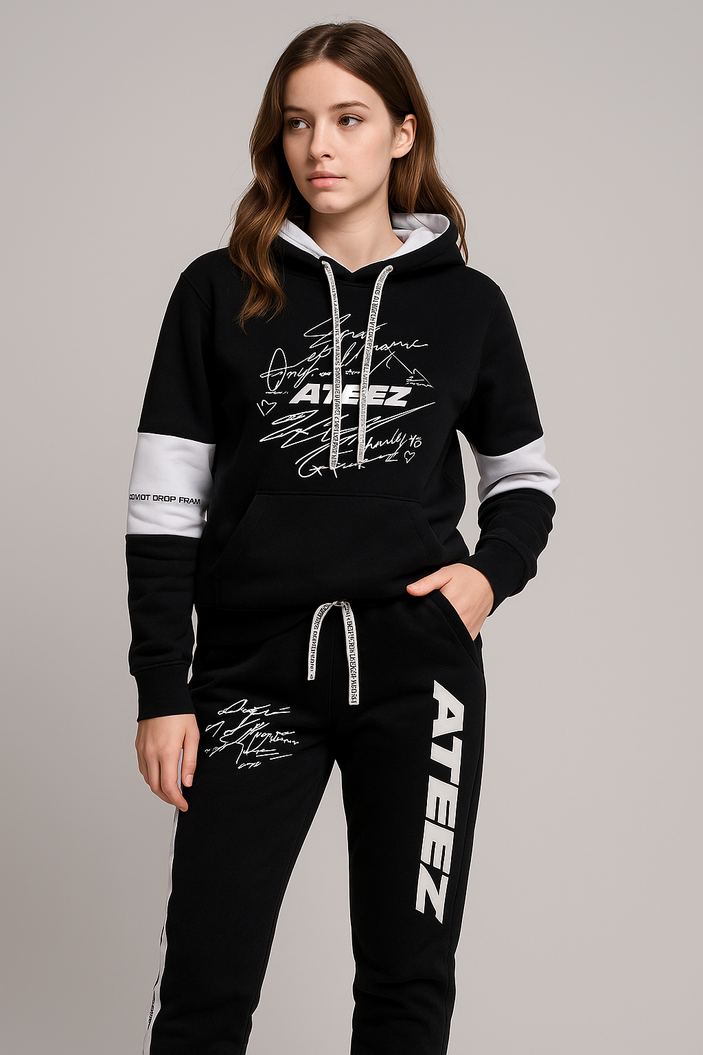 Poleron  con capucha y Pantalón de moda K-pop para mujer, estilo casual.