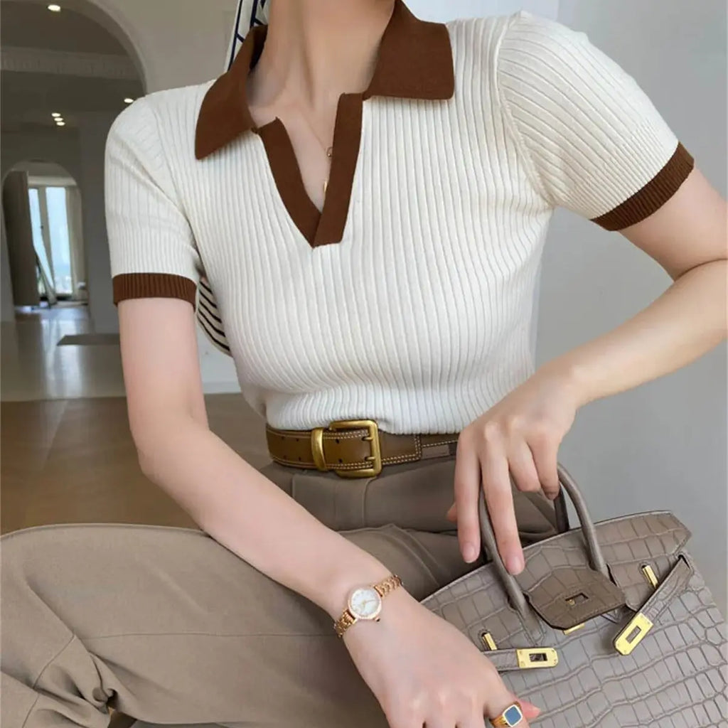 Tops de punto vintage con cuello en V