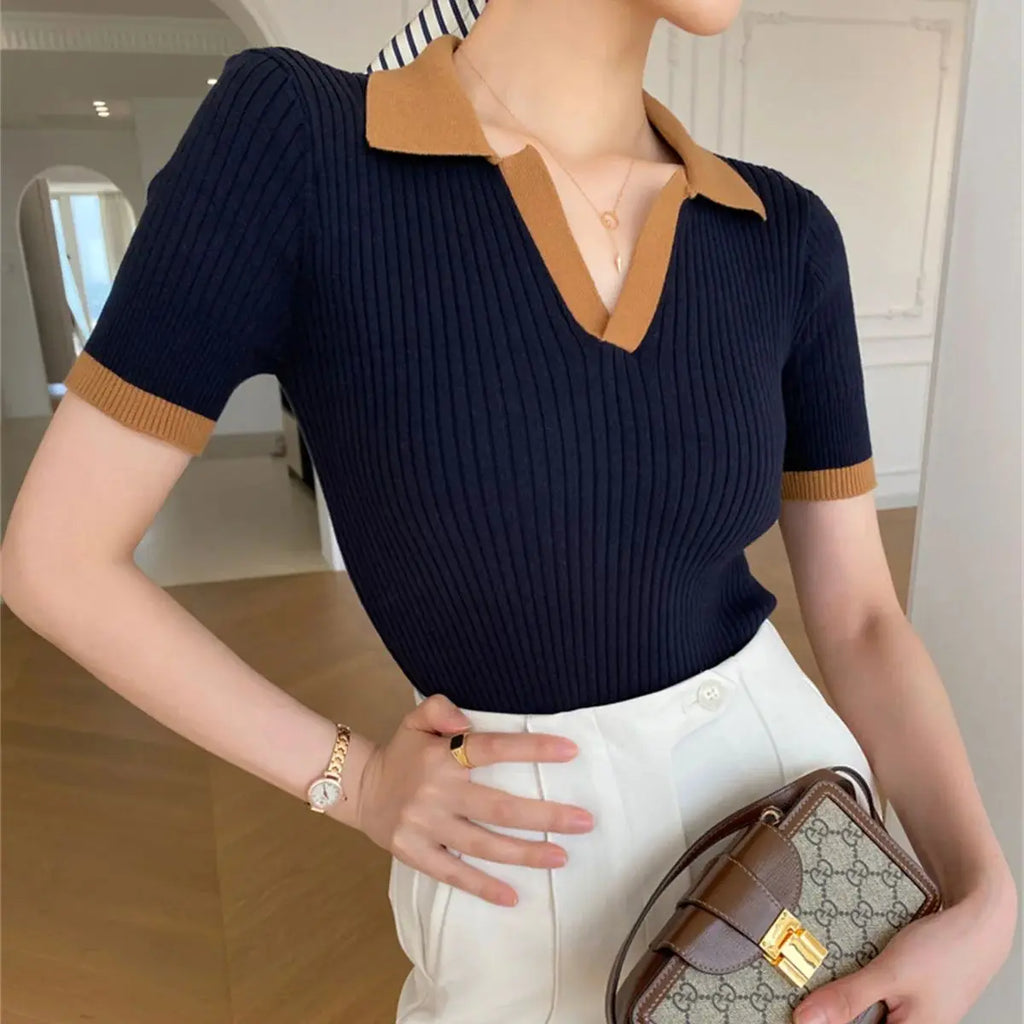 Tops de punto vintage con cuello en V